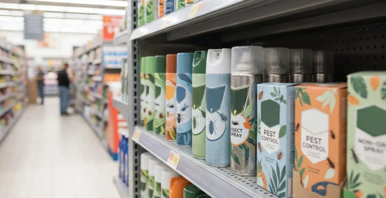 Étagère de supermarché avec des produits anti-insectes grand public, illustrant leur limitation face aux punaises de lit
