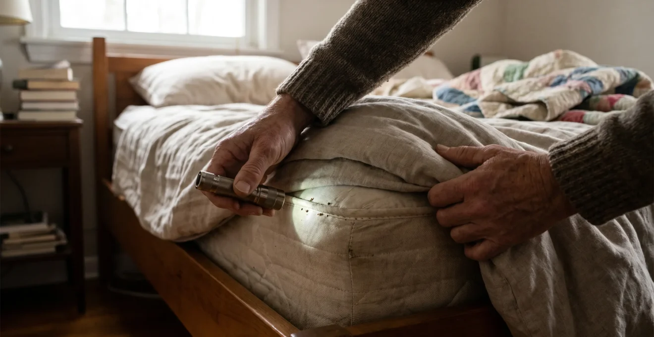 Personne inspectant un matelas avec une lampe de poche pour détecter des punaises de lit