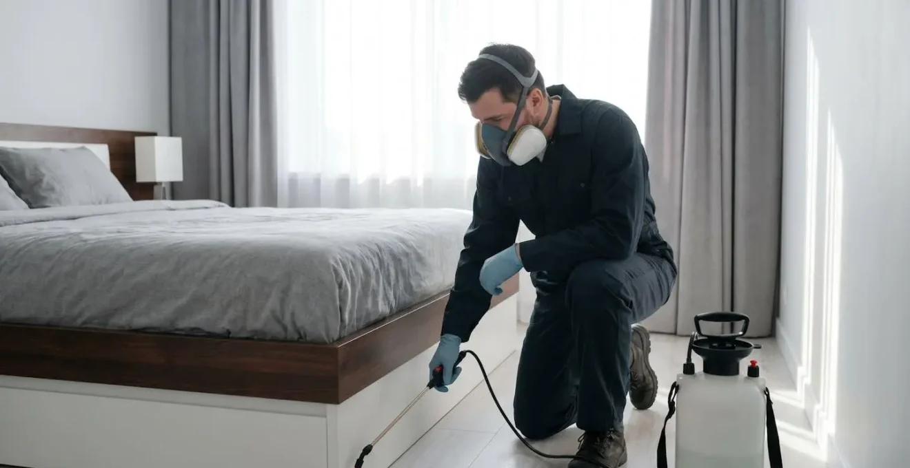 Technicien en tenue de protection réalisant un traitement anti-punaises de lit dans une chambre à coucher